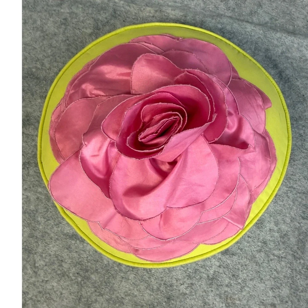 Swell Cynthia Rowley Pink Rose Flower‎ Lime Yellow Round Decorative Throw Pillow